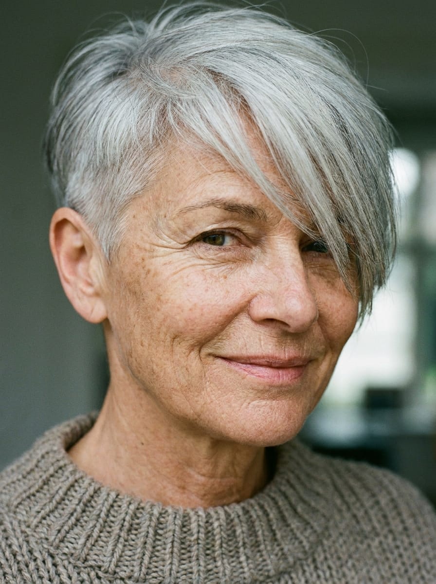 Grauer Pixie mit längerem Pony - Graue Kurzhaarfrisuren für Damen